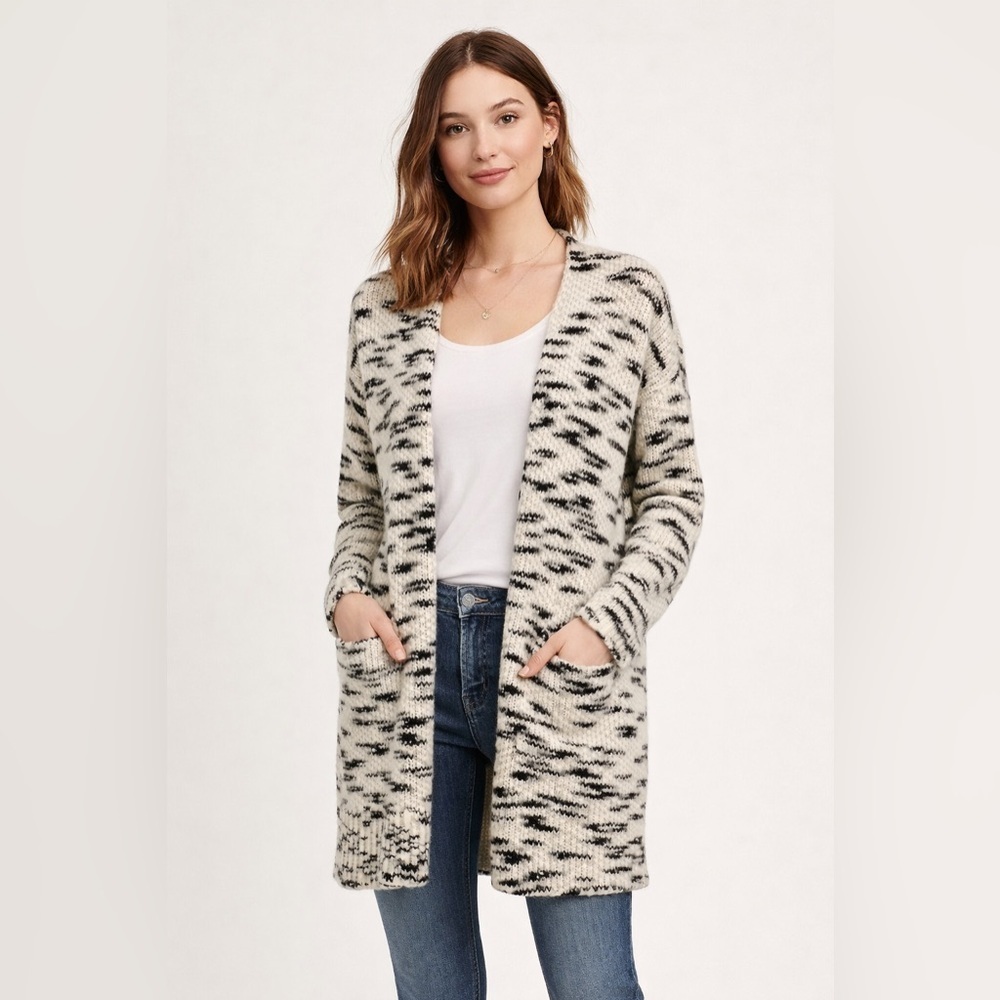 LOFT Black & White Open-Front Cardigan Sweater | Size Medium